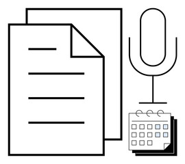 Paper sheets, microphone, and calendar highlight productivity tools. Ideal for planning, content creation, organization, time management, podcasting scheduling and efficiency. Minimalist flat