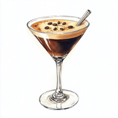 Espresso martini in a glass with coffee beans and straw cocktail drink