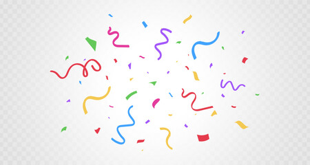 Confetti color falling on transparent background. Bright colorful tinsel. Party backdrop. Holiday design element. Festive firework. Carnival celebration. Birthday serpentine decor.Vector illustration