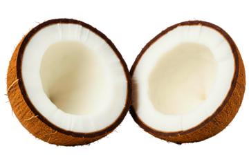 Fresh ripe tropical coconut broken in half showing white meat isolated on a transparent background