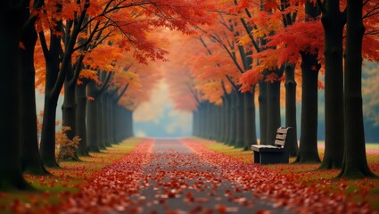 A serene autumnal pathway lined with vibrant maple trees, showcasing a solitary park bench beneath the colorful canopy.