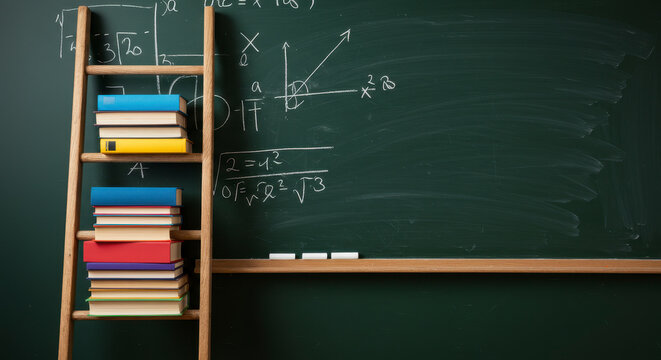 A Wooden Ladder Stands Beside a Chalkboard Filled With Mathematical Equations
