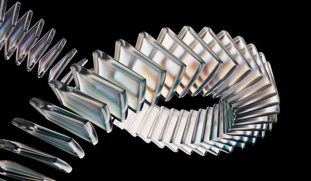 3D illustration showing closeup of connected crystal rings with neon green white light texture, abstract black 3D background, and glass dispersion holographic. Futuristic digital tech background