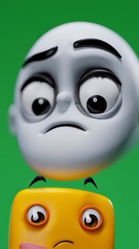 Dynamic 3D Animated Cartoon Characters Expressing Worry and Confusion on Green Screen Background