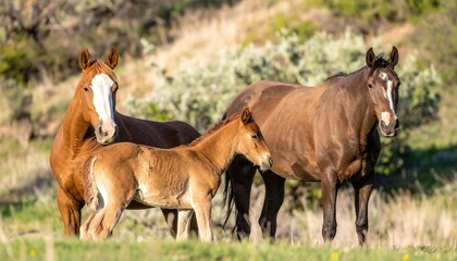 Mother Horse and Foal in a Sunny Meadow
