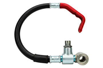 Industrial hydraulic hose assembly with fittings and a red grip isolated on a transparent background