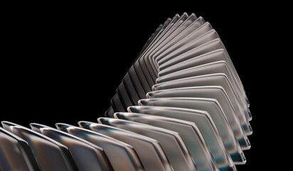 3D illustration showing closeup of connected crystal rings with neon green white light texture, abstract black 3D background, and glass dispersion holographic. Futuristic digital tech background