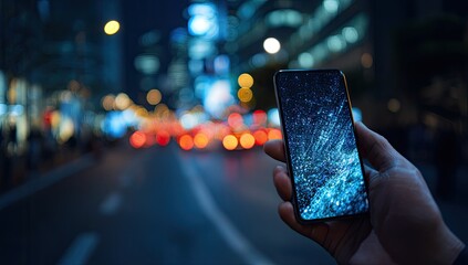 Night city street scene, hand holding phone with data graphic display