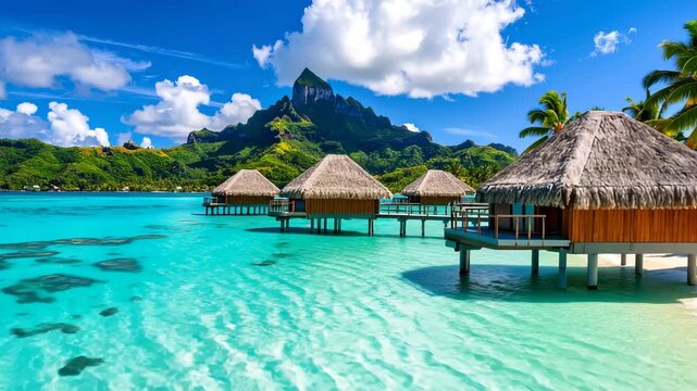 Stunning tropical scene of luxury bungalows over a clear lagoon with white sandy beach and dramatic mountain backdrop at bora bora