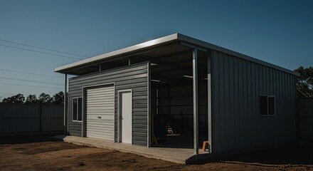 Modern Gray Metal Garage and Workshop Shed with Open Bay