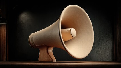 Beige megaphone on wooden shelf, dramatic lighting