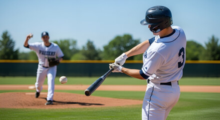 Baseball batter swings at a pitch as the pitcher throws the ball during a game on a sunny day.