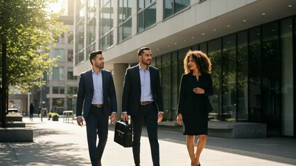 Three business professionals, two men and one woman, walk together outside a modern office building on a sunny day, discussing business - Powered by Adobe