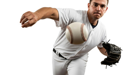 Baseball pitcher in mid-pitch, focused and dynamic throwing motion against a white background.