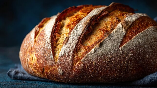 Freshly baked artisan bread loaf with a crispy crust on a textured blue background