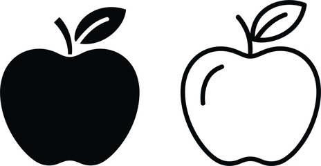 Black and white apple icons, minimalist fruit design, vector apples for food art, outline and filled apple shapes, editable, 