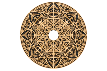 Intricate circular wooden mandala design with detailed geometric pattern isolated on a transparent background