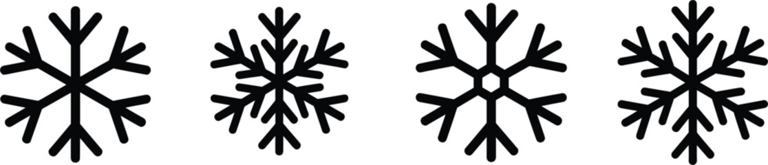 Snowflake icon set, winter cold symbol, black vector snowflakes, seasonal weather design, ice crystal graphic for holiday and nature themes. 