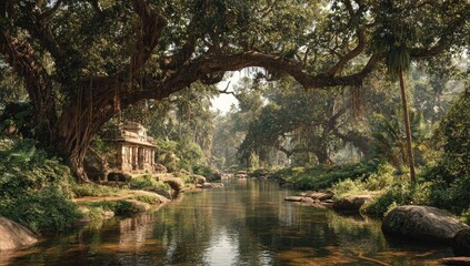 Lush tropical stream flows through ancient temple grove