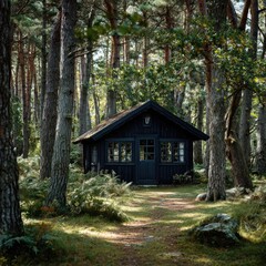 Dark cabin nestled in a sun-dappled forest