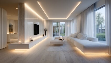 Fototapeta premium Modern minimalist living room with warm lighting