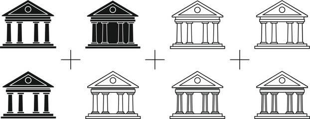 Classic bank building icons, courthouse and government architecture symbols, financial institution vector set, black and white flat vector illustrationClassic