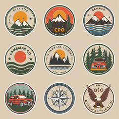 Retro Vintage Badge Vector Bundle | 8 Adventure & Camping Icons for Graphic Design
