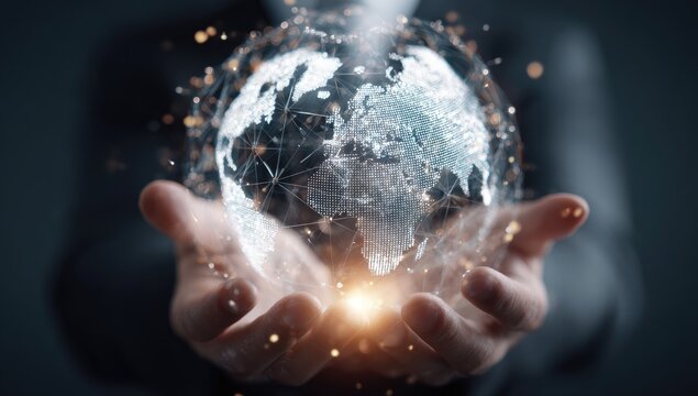 Hands holding a holographic Earth, global network, dark background