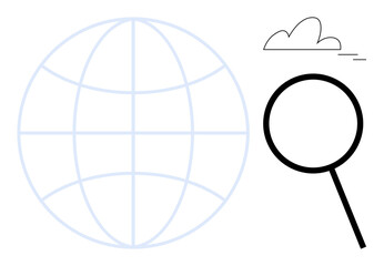 Simplified globe outline with magnifying glass and cloud. Ideal for research, exploration, global discovery, analysis, networking, search engine optimization, education. Minimal design for simple