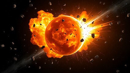 An explosion in space with a fiery planet, debris, and bright flames.