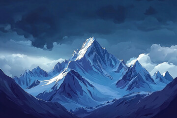 Dramatic mountain range illustration with snowy peaks and cloudy sky scape scenic view