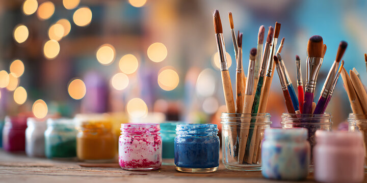 Vibrant Artist Workspace Paint Supplies Tools Jars Colors Palette Wooden Background Artsy Abstract Design Spectrum DIY Craft Professional Handmade Painting Materials Texture Soft Light