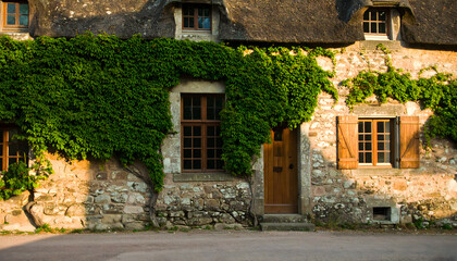Picturesque stone cottage with lush green vines on a warm sunny day