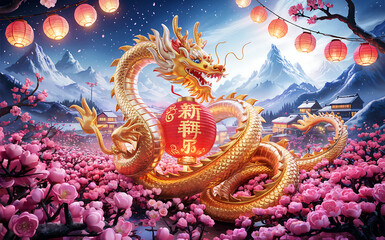 Obraz premium A vibrant digital painting celebrating Chinese New Year features a majestic golden dragon winding through a field of blooming cherry blossoms. The dragon’s scales shimmer with intricate patterns, its 