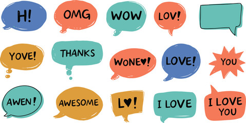 Colorful word bubbles bursting with positive expressions like thanks, awesome, and overflowing love