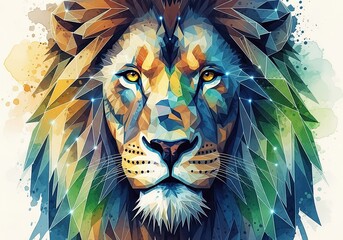 Photo of colorful watercolor lion portrait with geometric patterns, blending artistic design and wildlife illustration for a unique and modern aesthetic