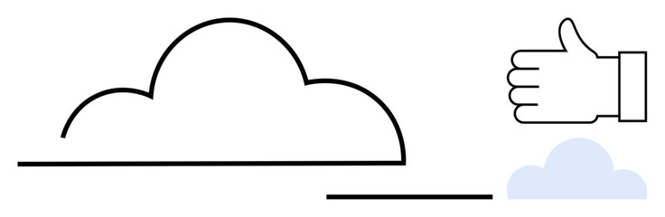 Cloud outline beside a thumbs-up and a small blue cloud. Ideal for technology, success, cloud computing, approval, minimalism, modern communication, simple landing page