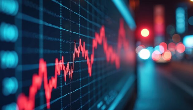 Red line graph shows stock market volatility on dark blue digital screen. City lights blur in background. Financial trading data displays potential for growth and risk.