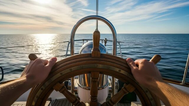 Sailing yacht captain steering wheel on sunny day.  Wooden ship wheel held by sailor hands. Ocean voyage journey on sailing boat. Perfect image for nautical video production.