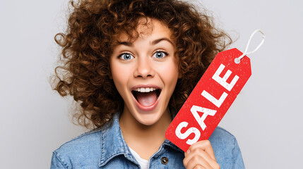 Close up excited young woman holding a giant red discount tag with white "SALE" text on it, on empty light colored background