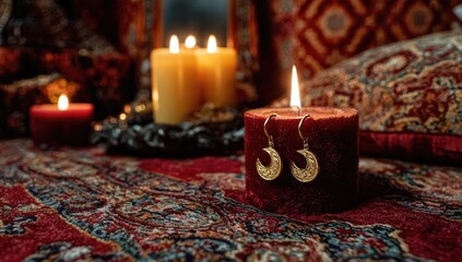 Golden crescent moon earrings on burgundy velvet