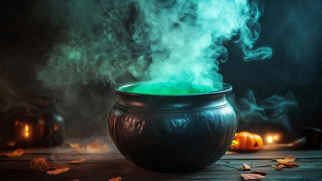 Mystical cauldron boiling with turquoise vapor amidst autumn leaves and candles