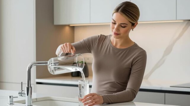 Woman pouring filtered water from glass pitcher into drinking glass in modern kitchen, healthy lifestyle concept footage.