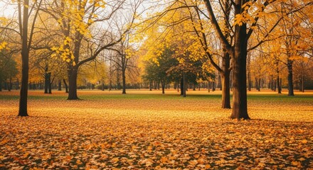 Serene Autumn Park Bathed in Golden Light with a Carpet of Fallen Leaves.