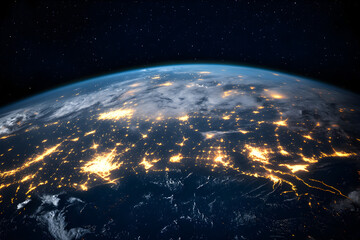 Obraz premium Planet earth at night with city lights. Earth view from space. Global business concept for communication and international networks.
