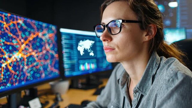 Female logistics coordinator tracking shipments using AI-powered software.