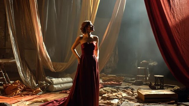 Female performer memorizing lines and gesturing dramatically under warm theater lights, surrounded by curtains and scattered set.