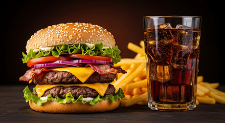 Delicious double cheeseburger with bacon and fresh vegetables accompanied by fries and cola