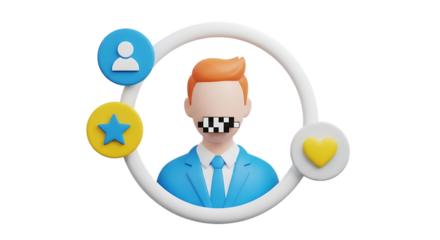 3d self care rituals icons man in suit with mouth covered by censor bar isolated on transparent background