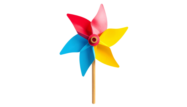 Colorful pinwheel toy with vibrant spinning blades and a stick handle, isolated on a clean png background. 